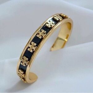 Tory Burch 18k Gold Plated Gold-Tone Cuff Bracelet with Black Enamel Logo New